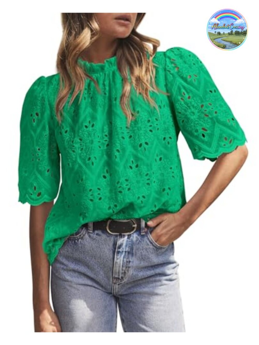 Eyelet Embroidered Blouse Short Sleeve Mock Neck Puff Sleeve